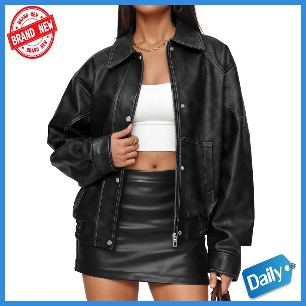 Oversized Faux Leather Bomber Jacket Women's Moto Biker Coat Long Sleeve
